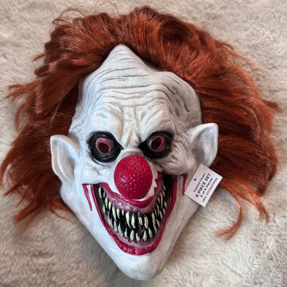 Twisted Clown Horror Mask Red Hair Sharp Teeth Scary Halloween NEW Adult Sized